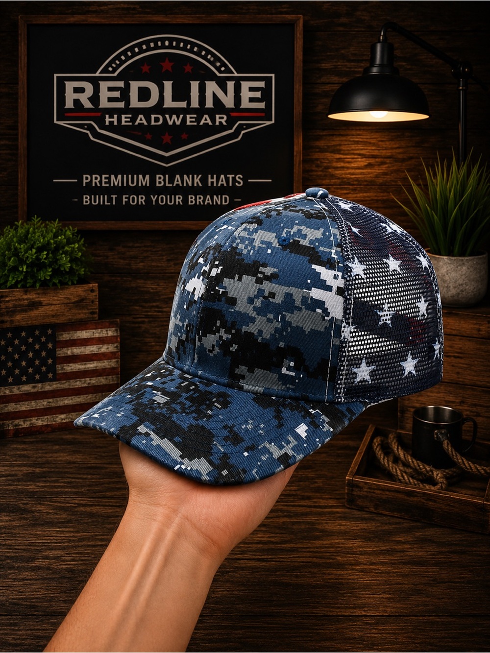 USA Flag Mesh Blue Digital Camo Trucker Hat | Adjustable Snapback Baseball Cap